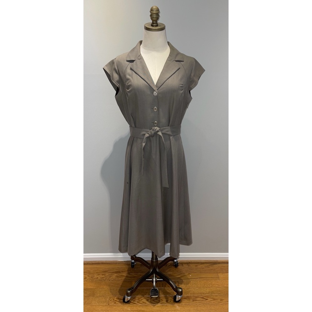Calvin Klein Belted shirtdress with collar and cap sleeves.